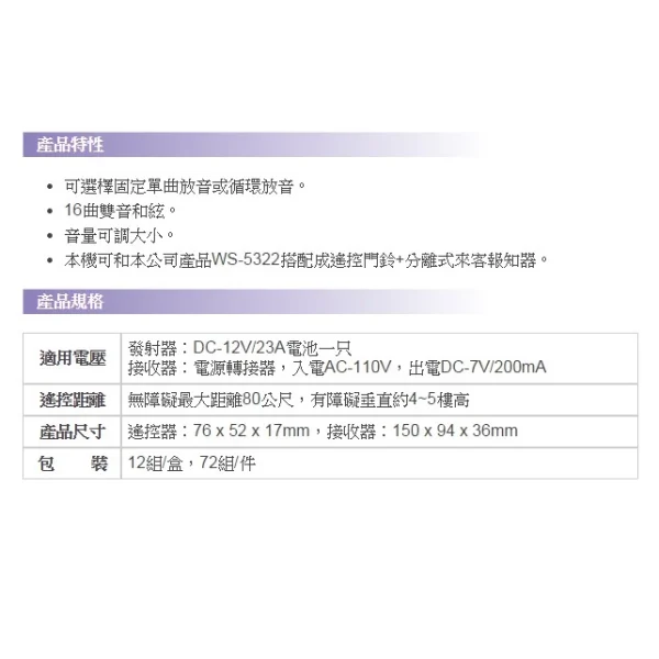 【 大林電子 】 伍星牌 WS-5323 插電式 長距離 無線 遙控門鈴