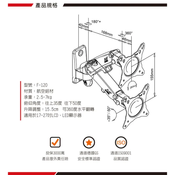 tw-11134207-7qul0-lk903xgdoybq74 【 大林電子 】 網路特惠價🏷️ NB 氣壓式萬向旋壁架 壁掛架 NB-F120