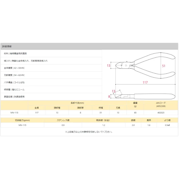 【 大林電子 】 網路特惠價🏷️ TsunoDA 角田 T.T.C MN-115 斜口鉗 線材切割 乾淨剪切
