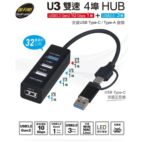 tw-11134207-7r98o-lppzm8y1rizb74 【 大林電子 】 Galieo 伽利略 U3雙速 4 Port Hub 4埠USB集線器 U3H390S