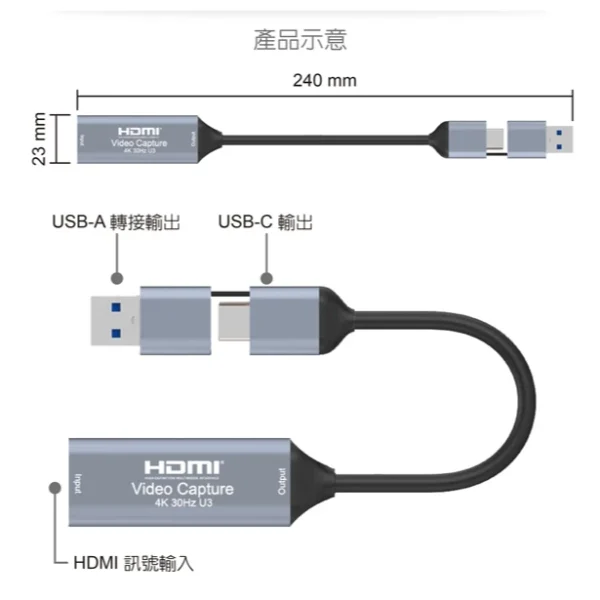 tw-11134207-7r98o-lxasjy3503e8f4 【 大林電子 】 Galileo 伽利略 USB3.2 Gen1 TypeC+A HDMI 影音擷取器 U3THVAC