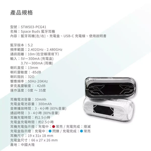 【 大林電子 】SOODATEK 藍芽耳機 STWS03-PCG41 Space Buds白色(黑色另開賣場)