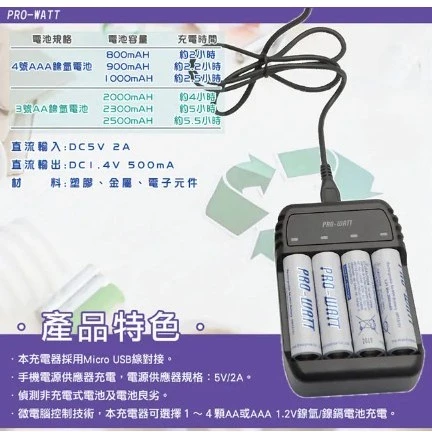 tw-11134207-7r98x-lw8lb58w3sc0a1 【 大林電子 】PRO-WATT 鎳氫電池充電器+ 4號4入電池 快速充電 智慧充電 ZN423E-75