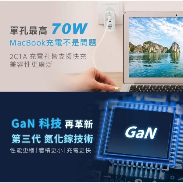 【 大林電子 】WONDER 旺德電通 70W GaN氮化鎵極速智能充電器 WA-A16TS3 2C+1A