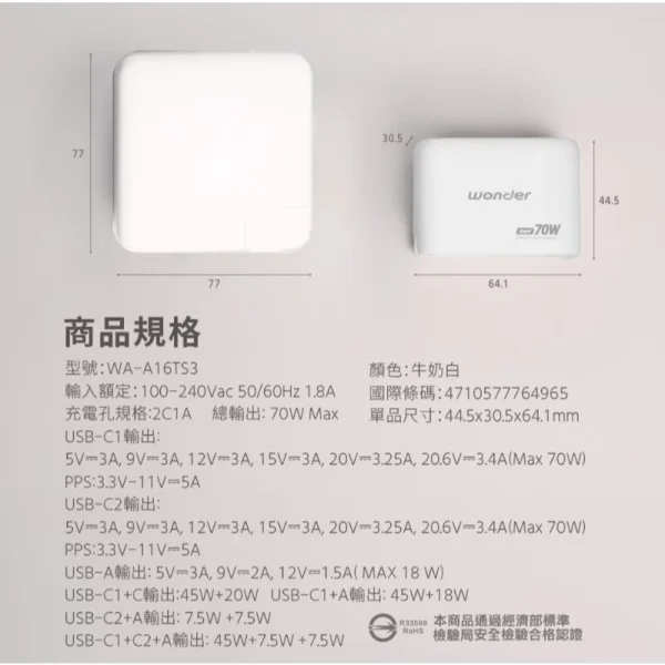 【 大林電子 】WONDER 旺德電通 70W GaN氮化鎵極速智能充電器 WA-A16TS3 2C+1A
