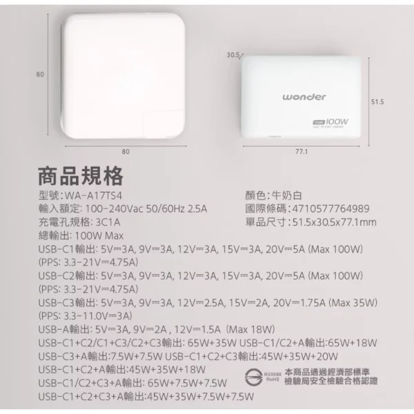 tw-11134207-7rbkc-mafbd2oqyzme92 【 大林電子 】WONDER 旺德電通 100W GaN氮化鎵極速智能充電器 WA-A17TS4 3C+1A