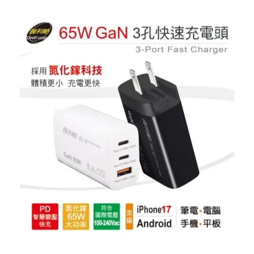 tw-11134207-81zto-mjv7nzg8ulfn66 【 大林電子 】伽利略 65W GaN 氮化鎵 3孔快速充電頭 P65 65W 2C1A 顏色隨機出貨