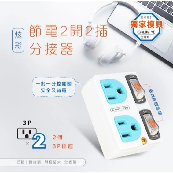 【 大林電子 】PB-859S NDr.AV 聖岡科技 帶燈開關 分接插座 3孔插座x2 2開2插分接器