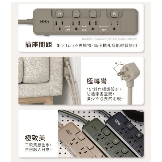 【 大林電子 】極野家 +886 3開3插 1A+2C PD 65W 快充延長線1.8米 HPS2336 台灣製