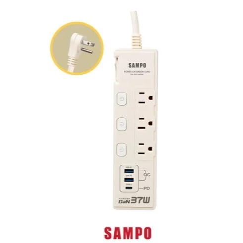 【大林電子】SAMPO 四開三插 37W 氮化鎵USB延長線 6尺 獨立開關 平貼插頭 台灣製